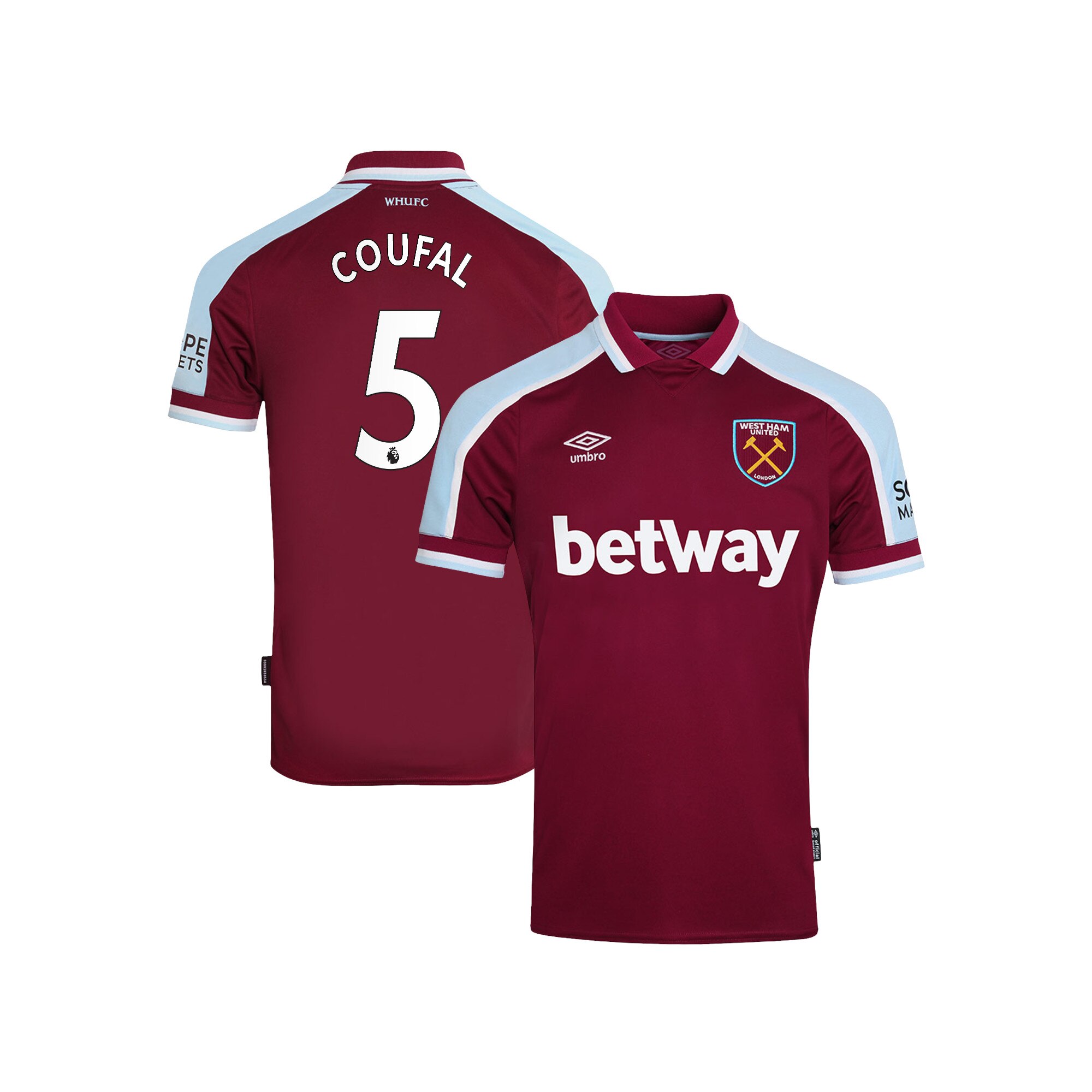 West Ham United Home Shirt 2021-22 with Coufal 5 printing