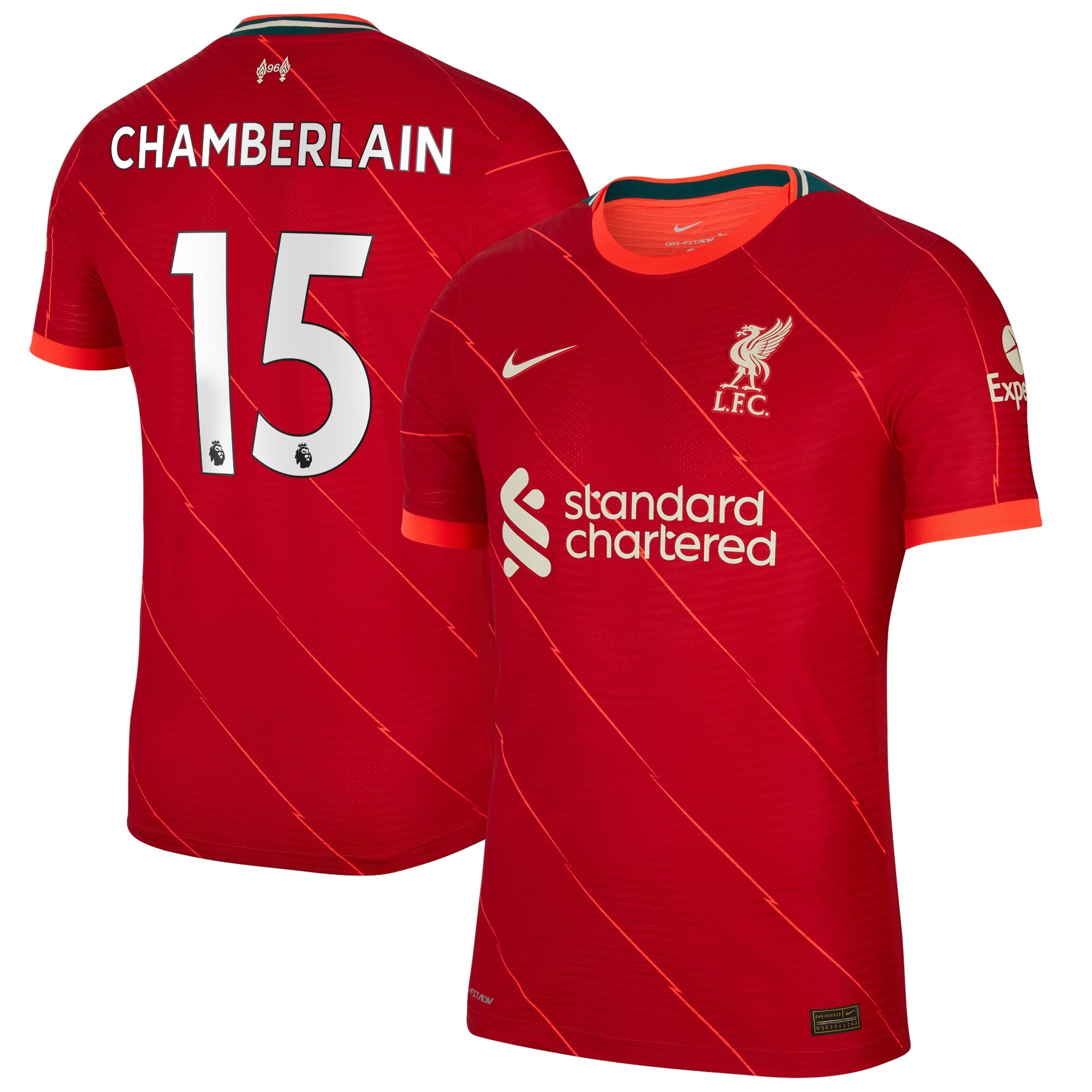 Liverpool Home Vapor Match Shirt 2021-22 with Chamberlain 15 printing