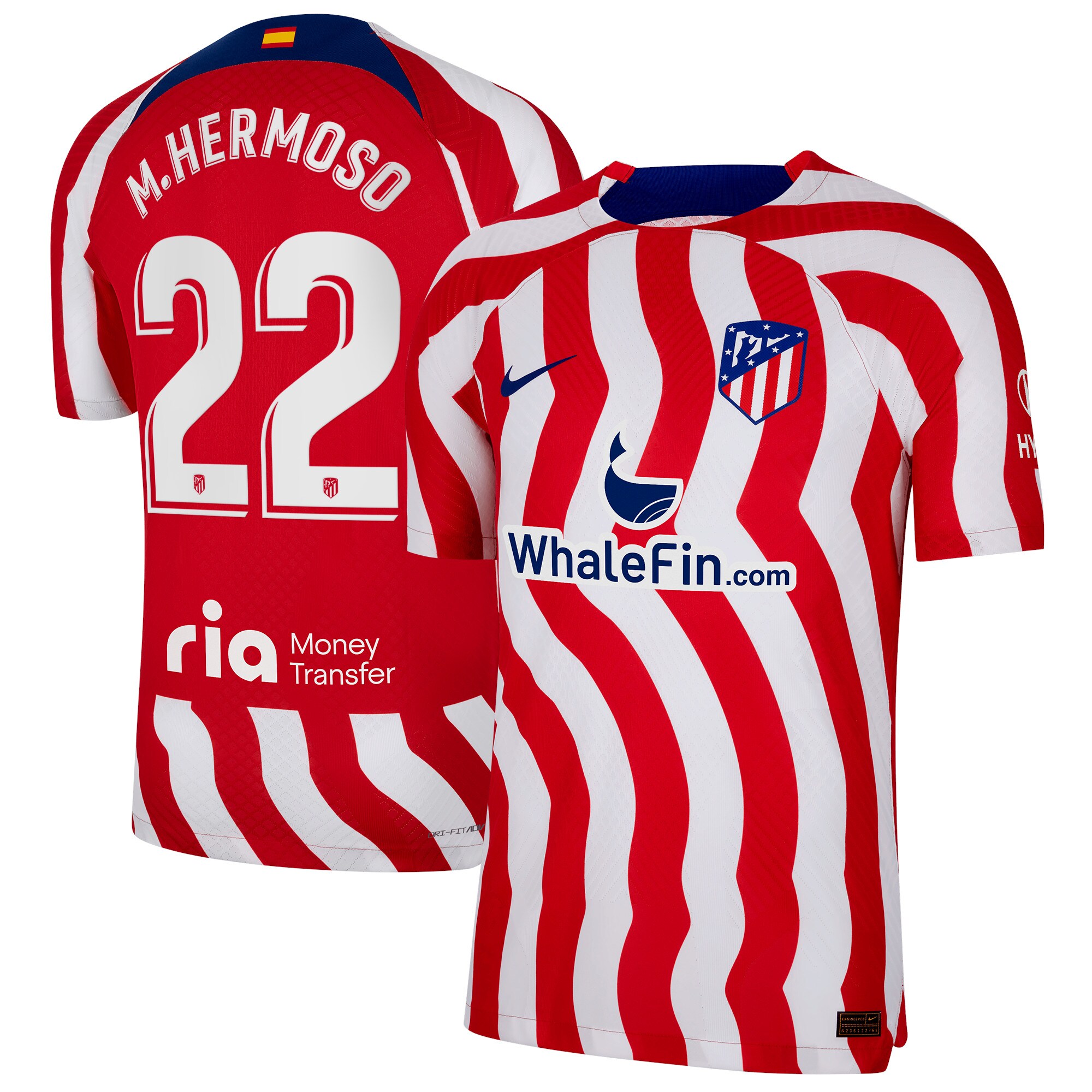 Atlético de Madrid Home Vapor Match Shirt 2022-23 with M.Hermoso 22 printing