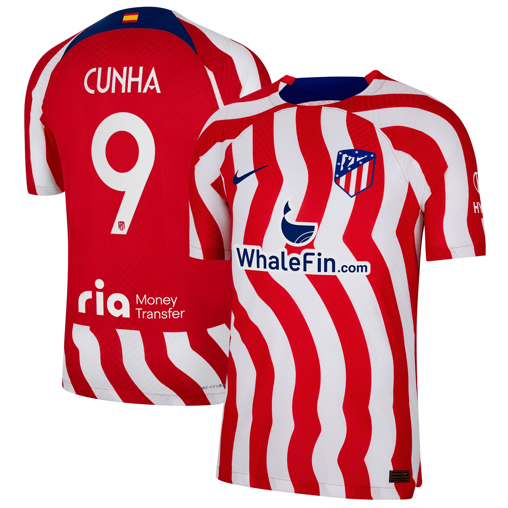Atlético de Madrid Metropolitano Home Vapor Match Shirt 2022-23 with Cunha 9 printing