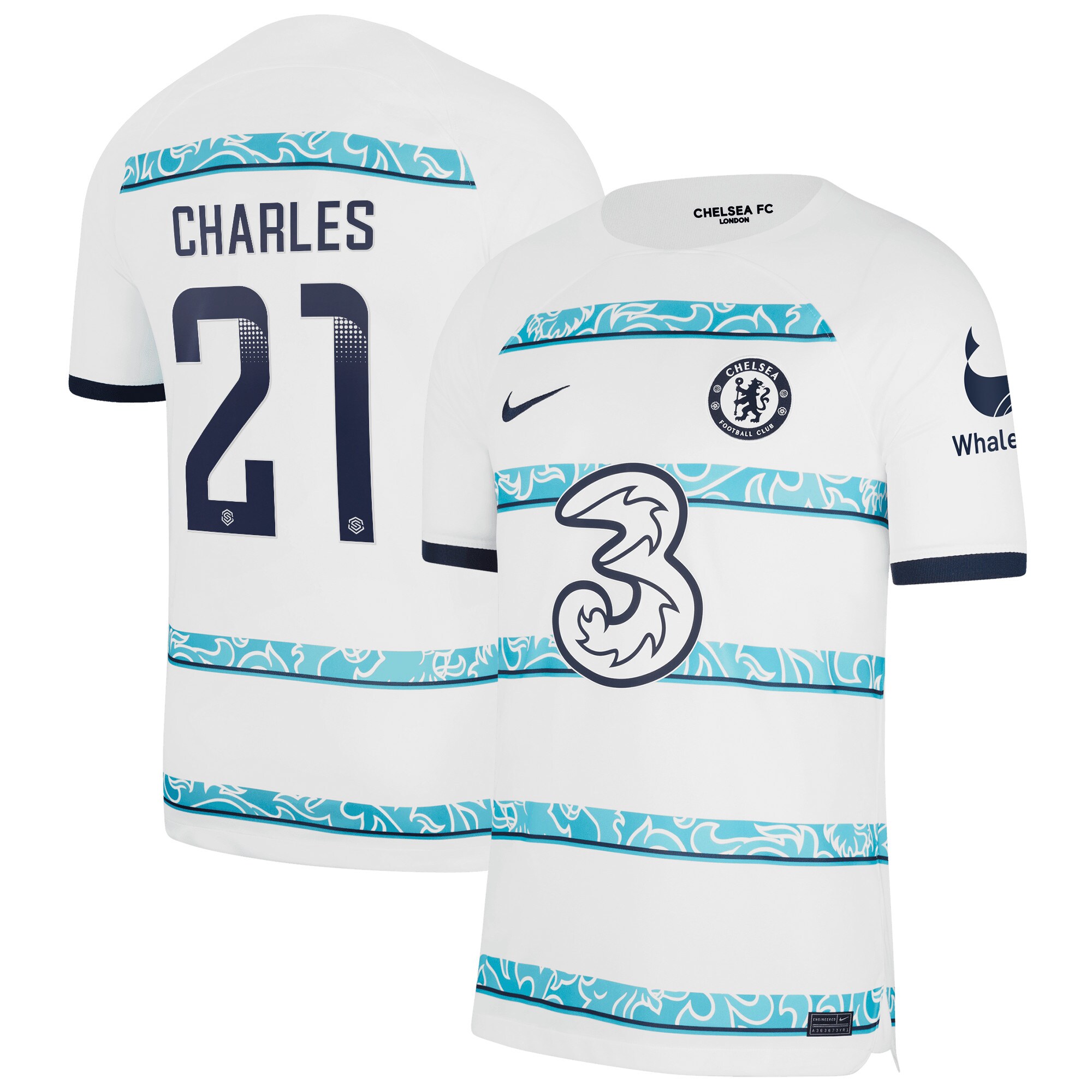 Chelsea WSL Away Stadium Shirt 2022-23 with Charles 21 printing