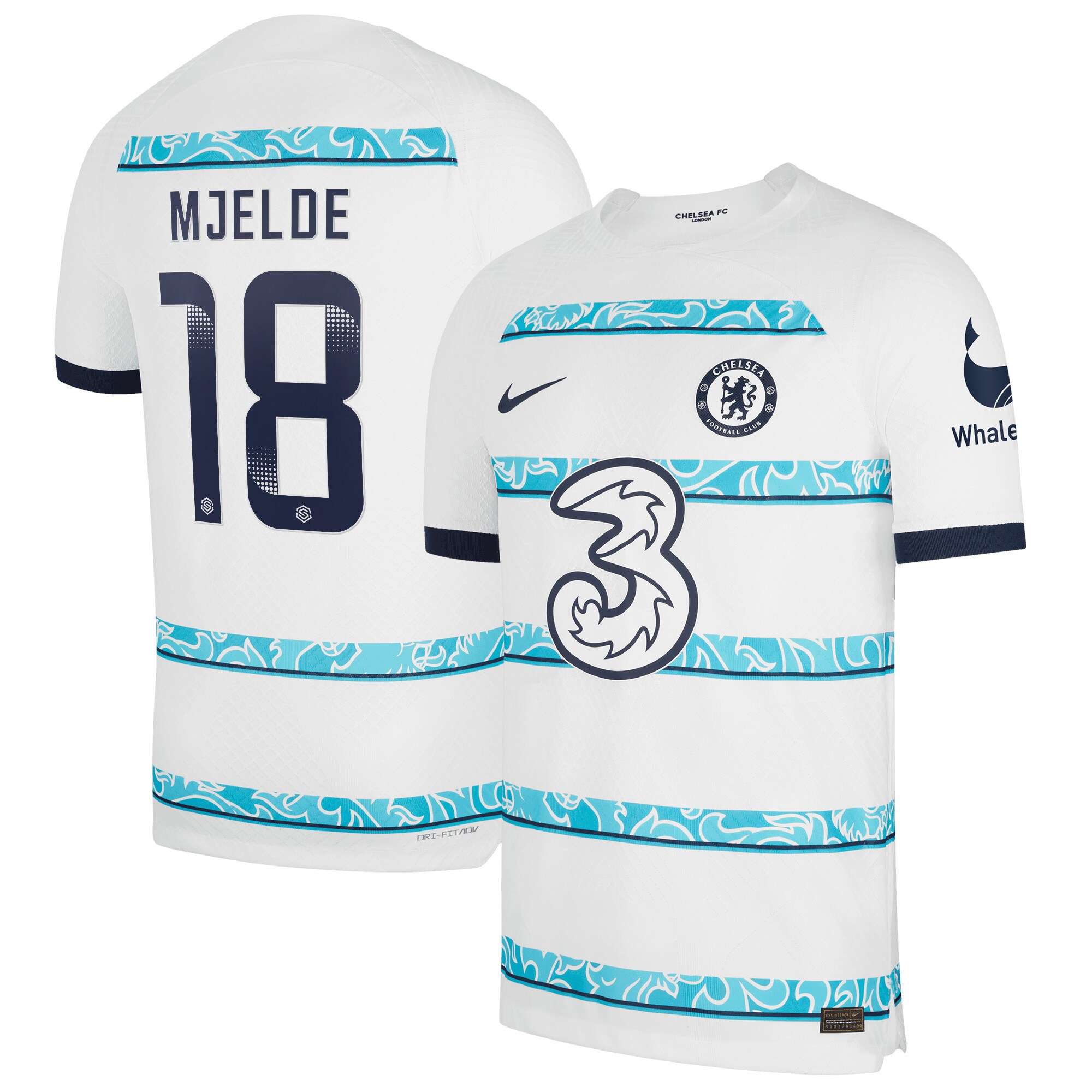 Chelsea WSL Away Vapor Match Shirt 2022-23 with Mjelde 18 printing
