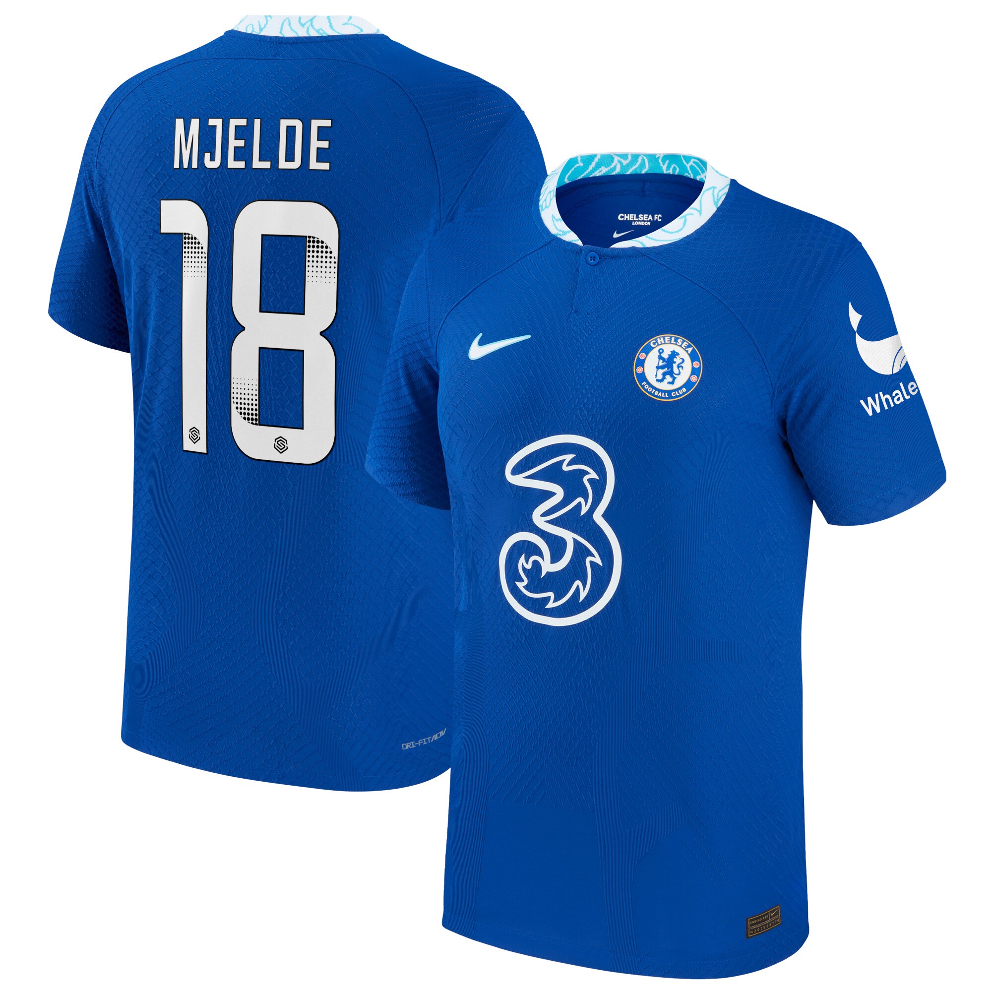 Chelsea WSL Home Stadium Shirt 2022-23 with Mjelde 18 printing