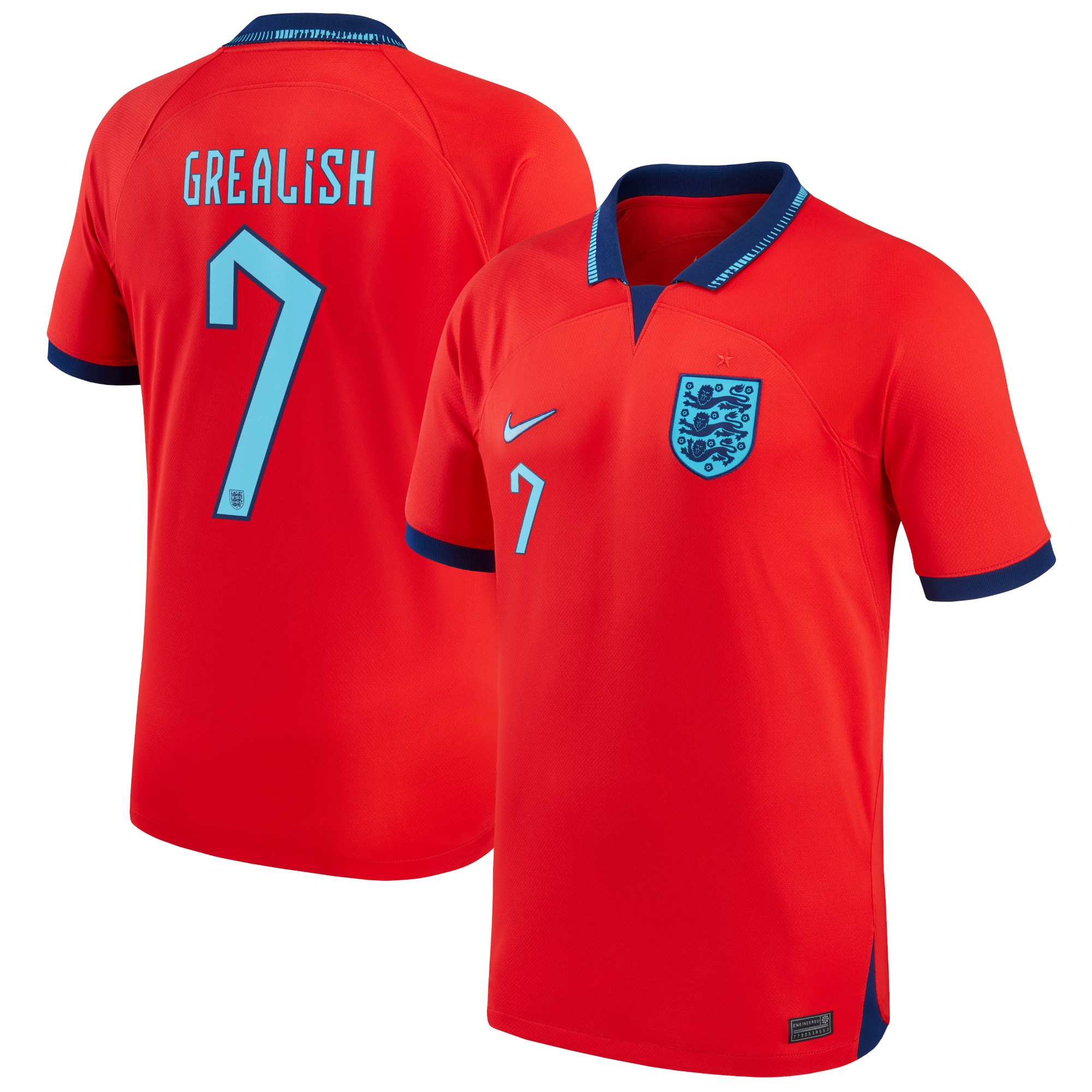 England Away Stadium Shirt 2022 with Grealish 7 printing