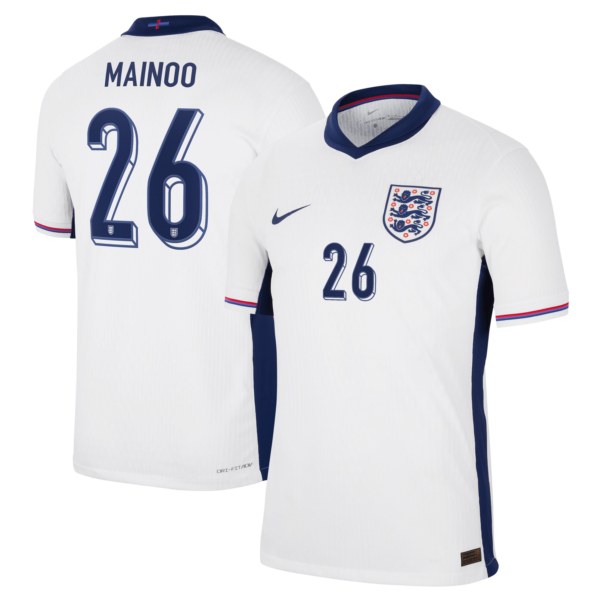 England Dri Fit Adv Home Match Shirt 2024 with Mainoo 26 printing