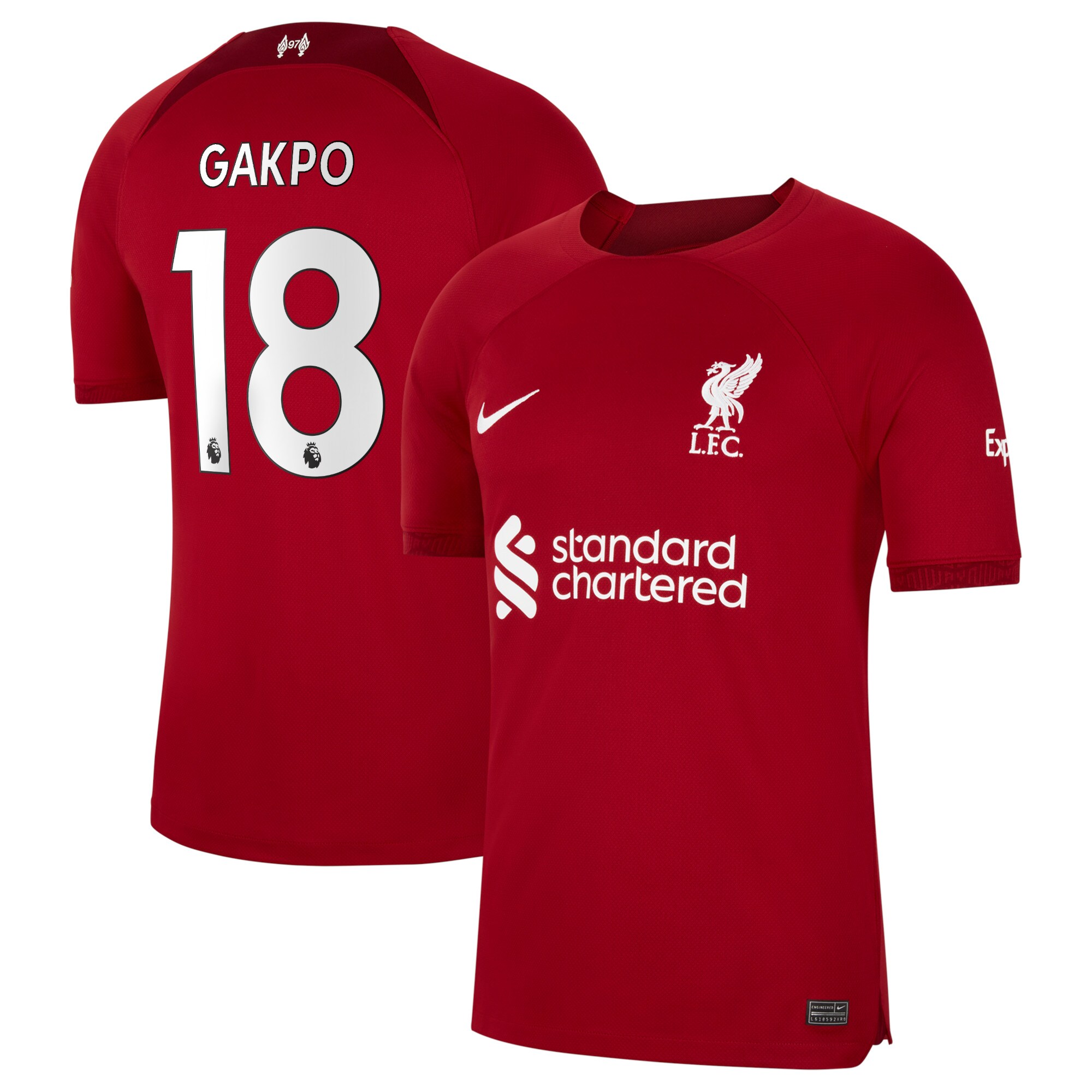 Liverpool Home Stadium Shirt 2022-23 with Gakpo 18 printing