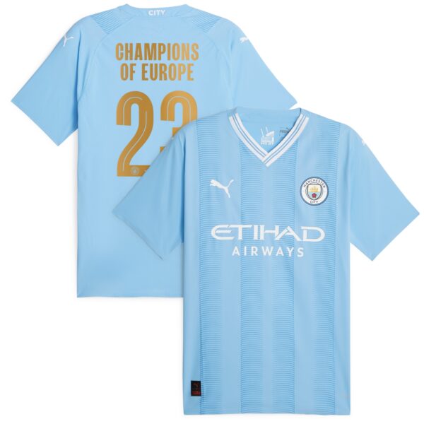 Manchester City Home Authentic Shirt 2023-24 with Champions of Europe 23 printing