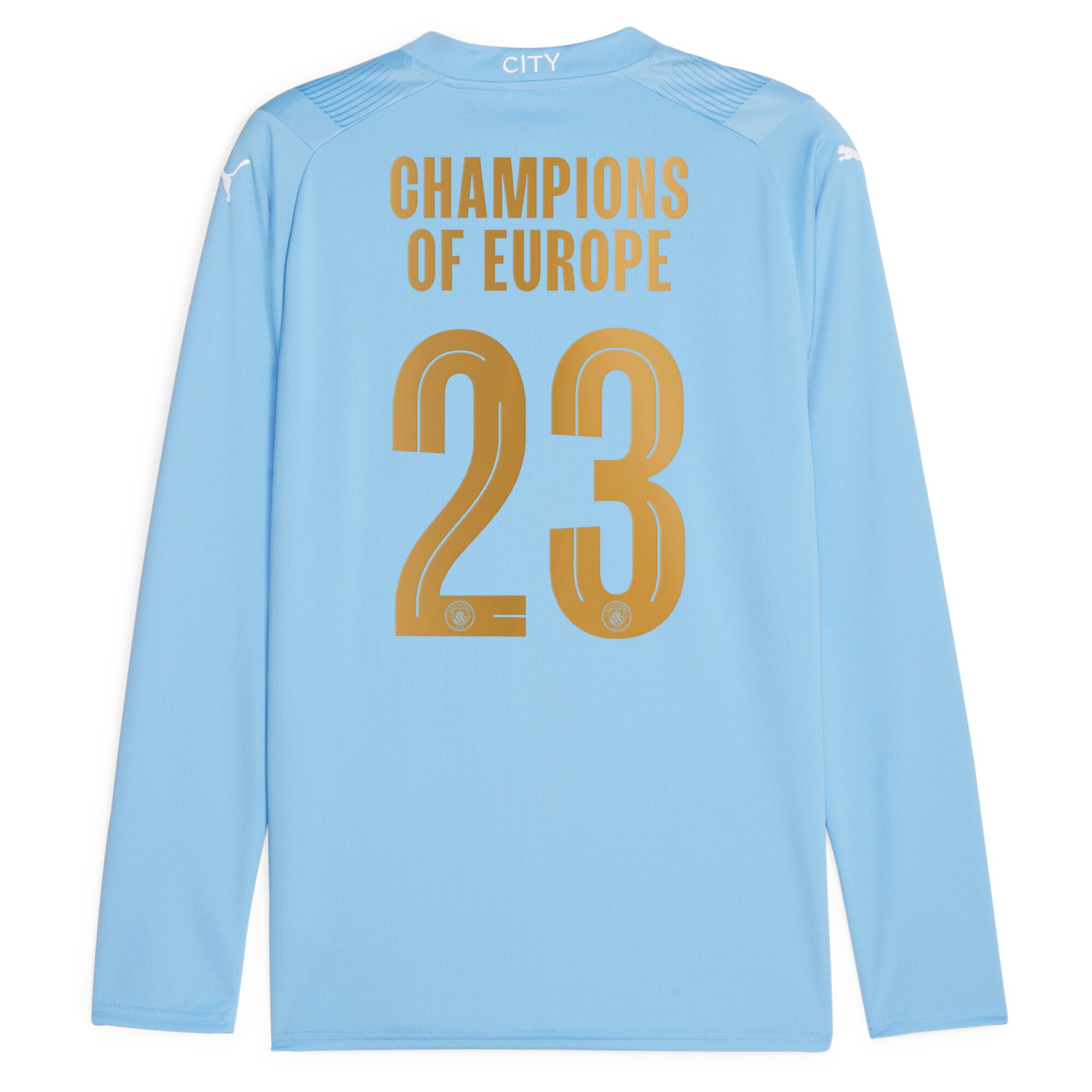 Manchester City Home Shirt 2023-24 Long Sleeve with Champions of Europe 23 printing