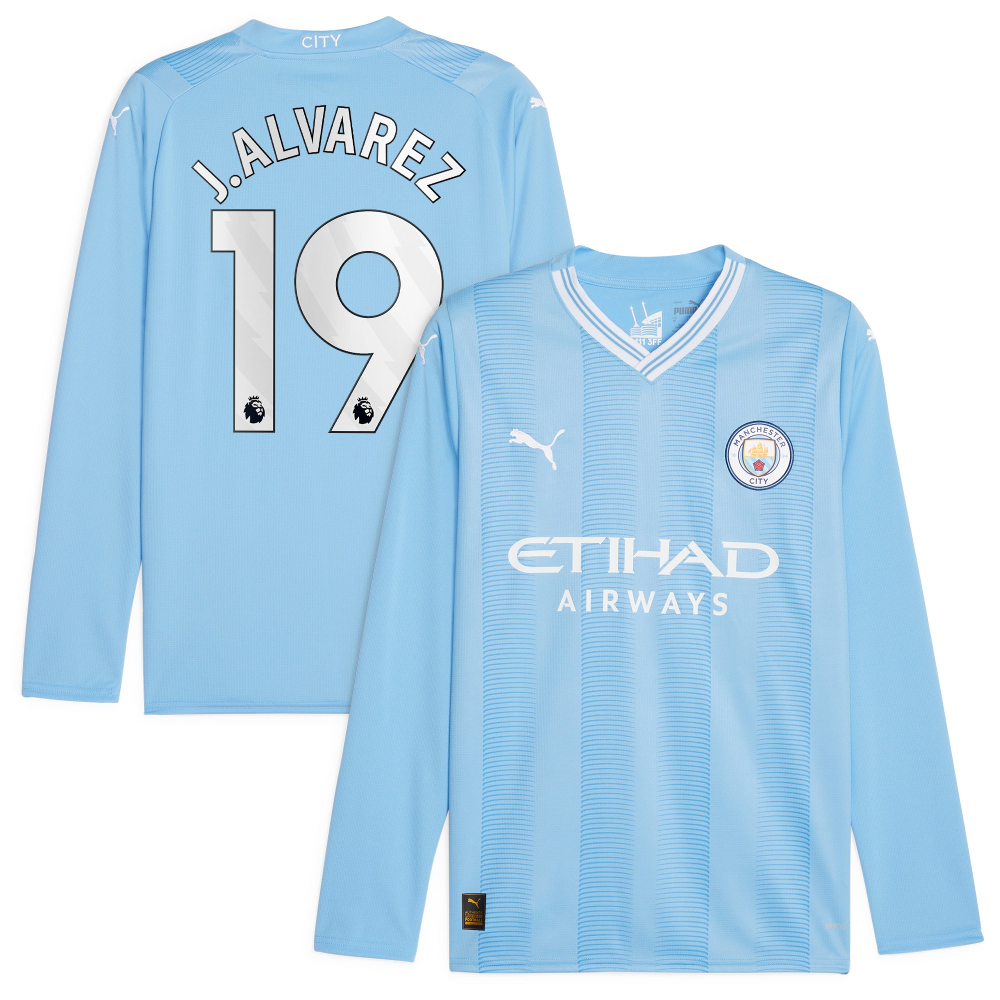 Puma Manchester City Home Shirt 2023-24 Long Sleeve with J.Alvarez 19 Printing