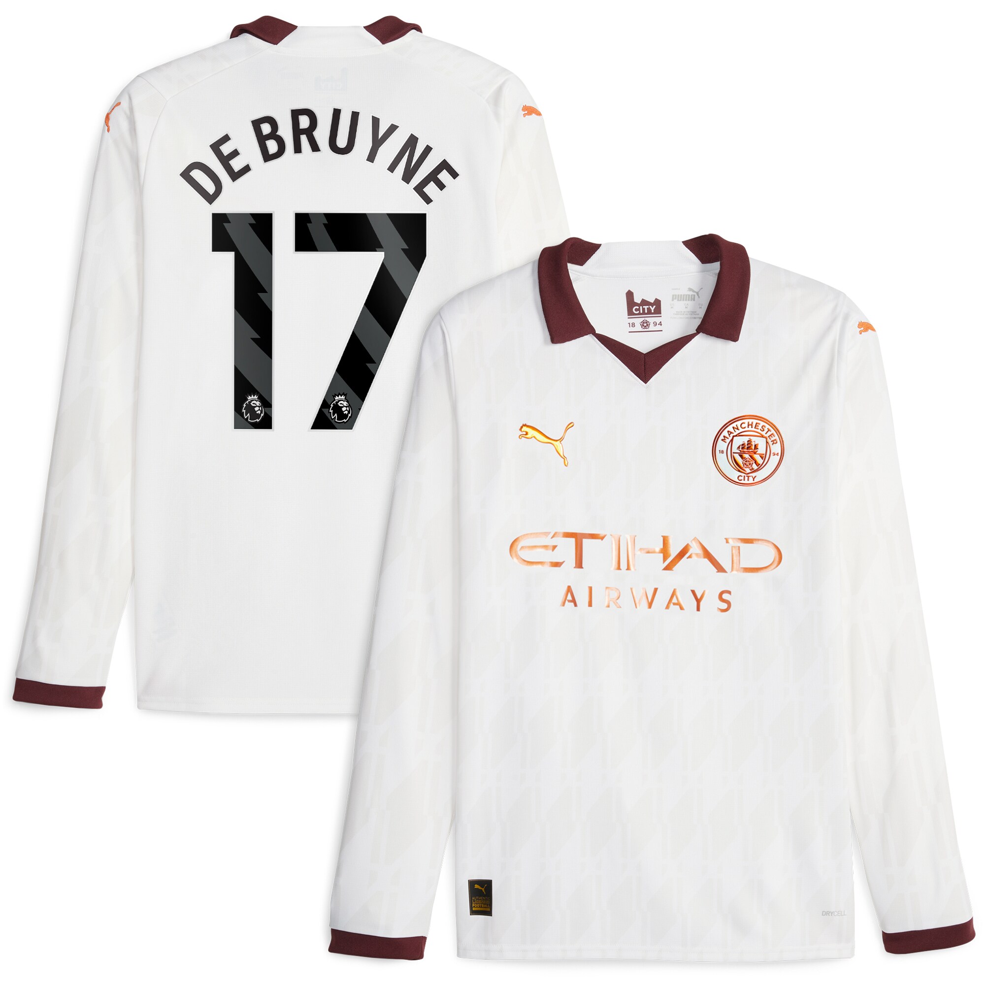 Manchester City Away Shirt 2023-24 Long Sleeve with De Bruyne 17 printing