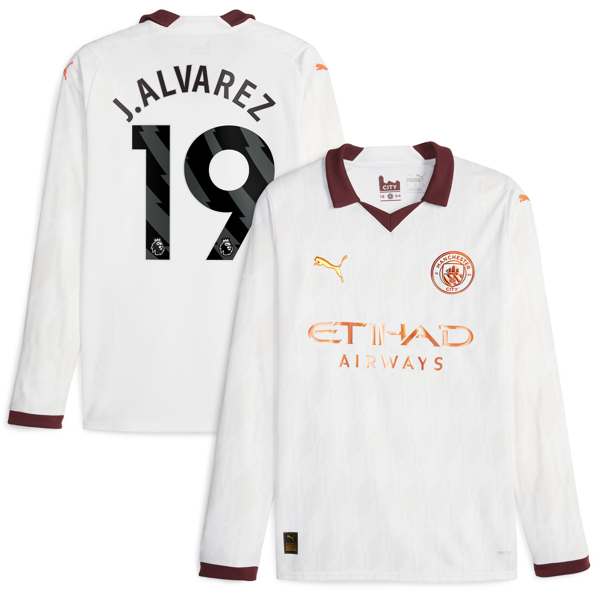 Manchester City Away Shirt 2023-24 Long Sleeve with J.Alvarez 19 printing