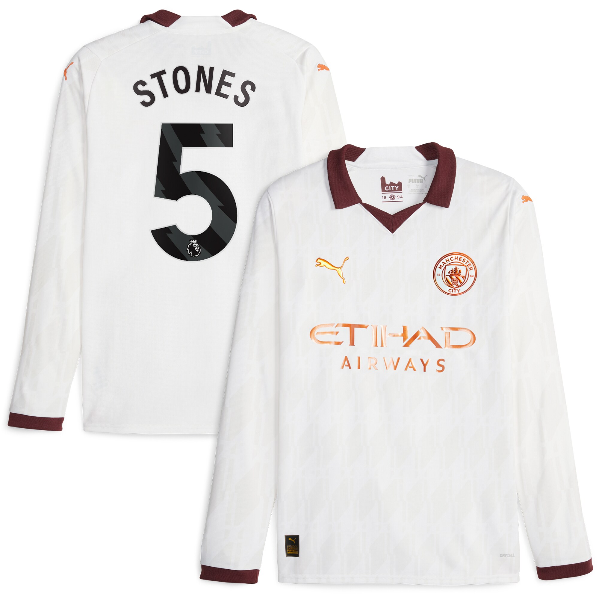 Manchester City Away Shirt 2023-24 Long Sleeve with Stones 5 printing