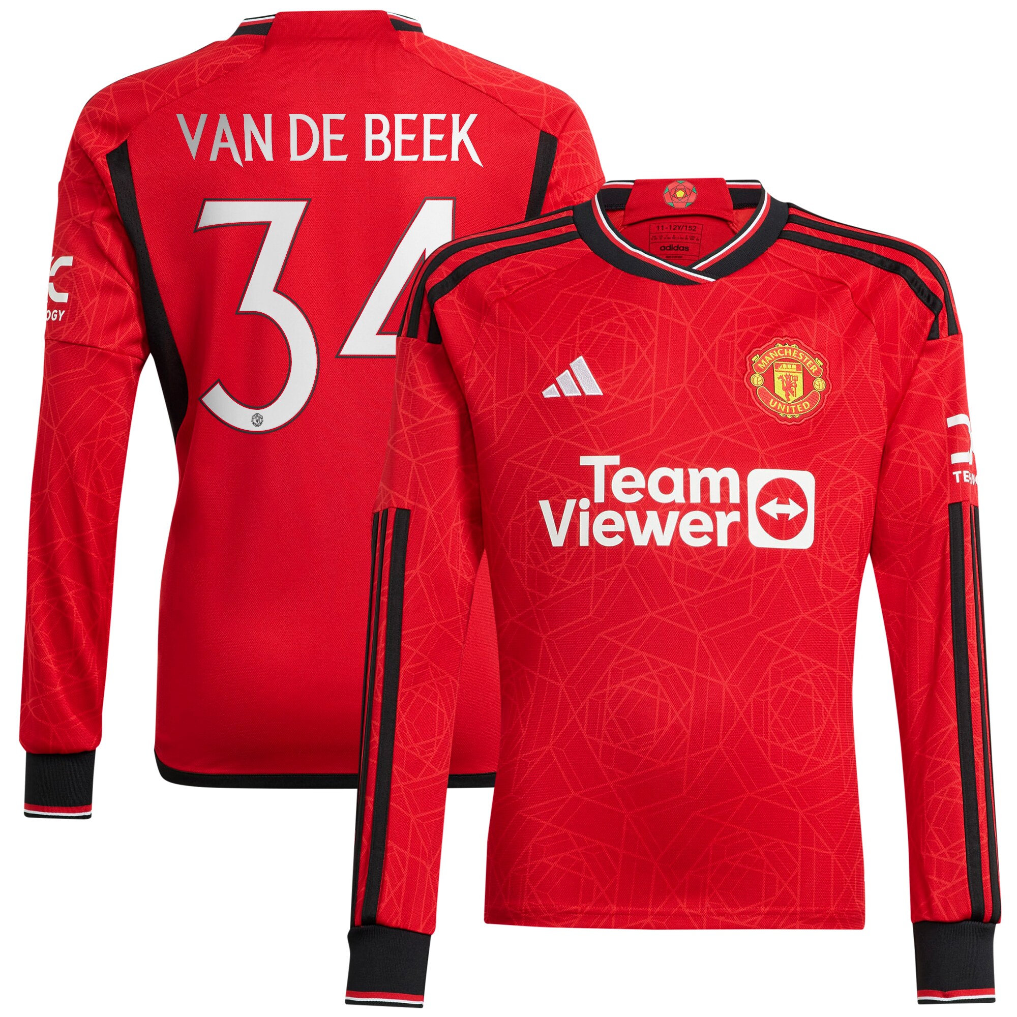 Manchester United Cup Home Shirt 2023-24 Long Sleeve with Van De Beek 34 printing