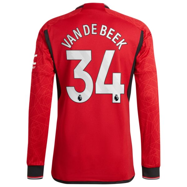 Manchester United Home Authentic Shirt 2023-24 Long Sleeve with Van De Beek 34 printing