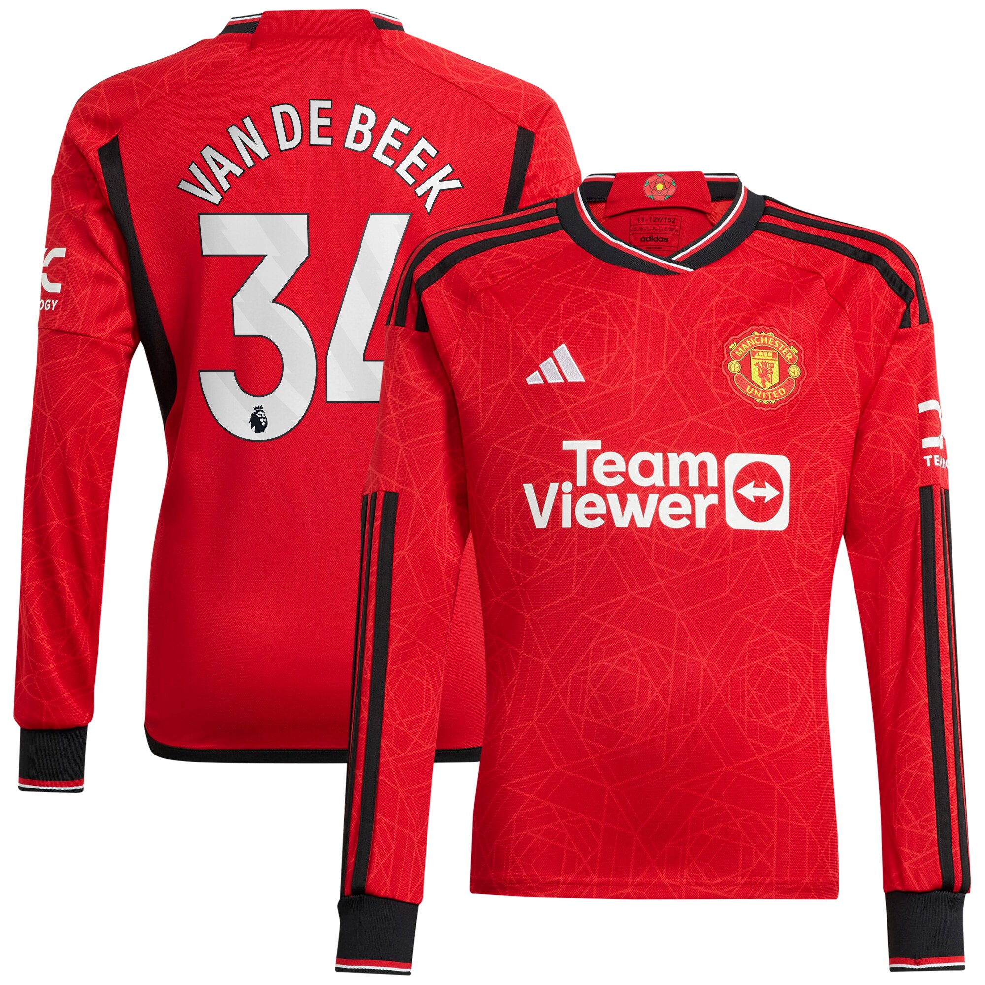 Manchester United Home Shirt 2023-24 Long Sleeve with Van De Beek 34 printing