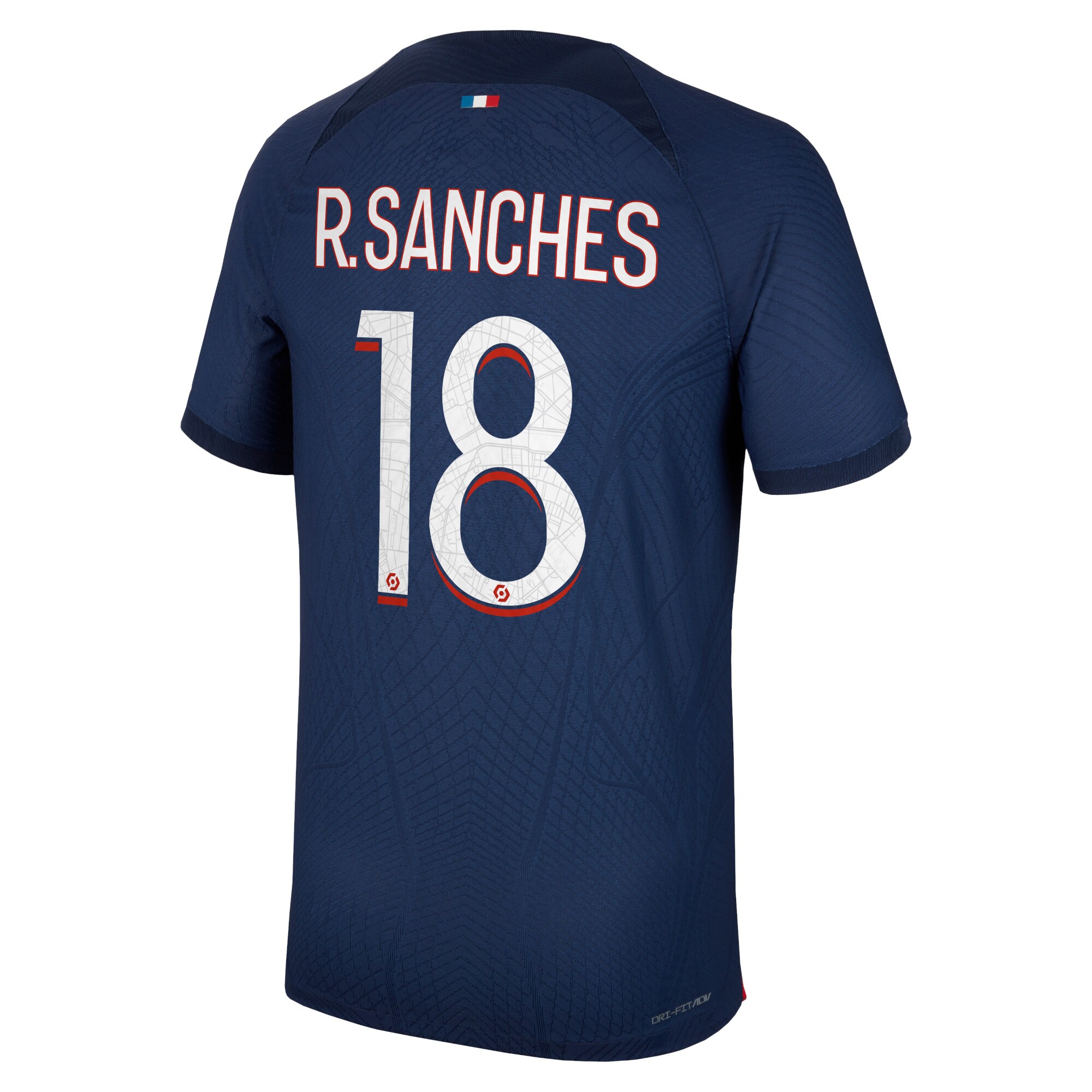 Paris Saint-Germain Home Dri Fit Adv Match Shirt 2023-24 with R.Sanches 18 printing