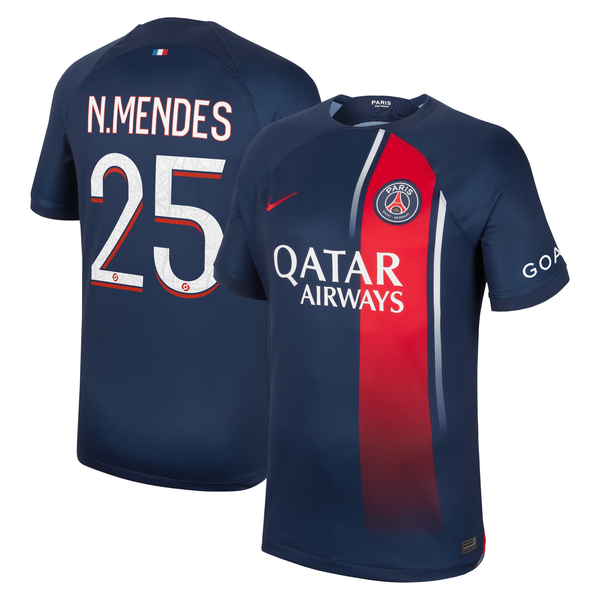 Paris Saint-Germain Home Stadium Shirt 2023-24 with N.Mendes 25 printing