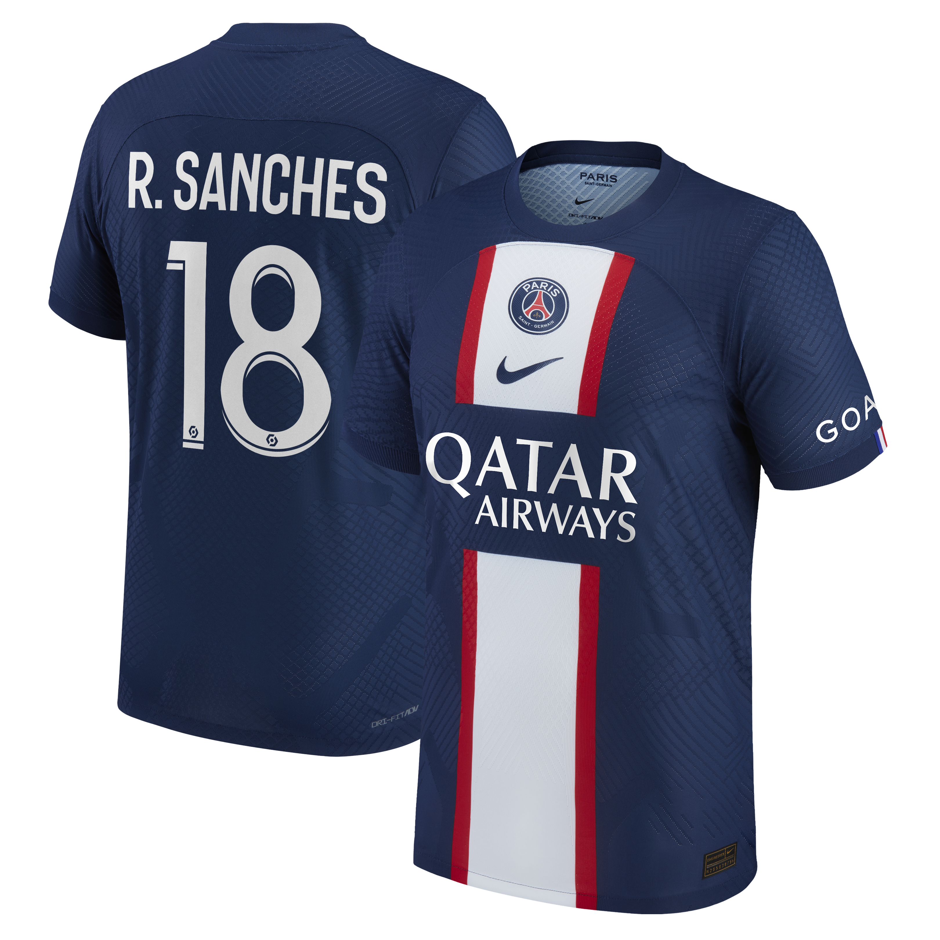 Paris Saint-Germain Home Vapor Match Shirt 2022-23 with R.Sanches 18 printing